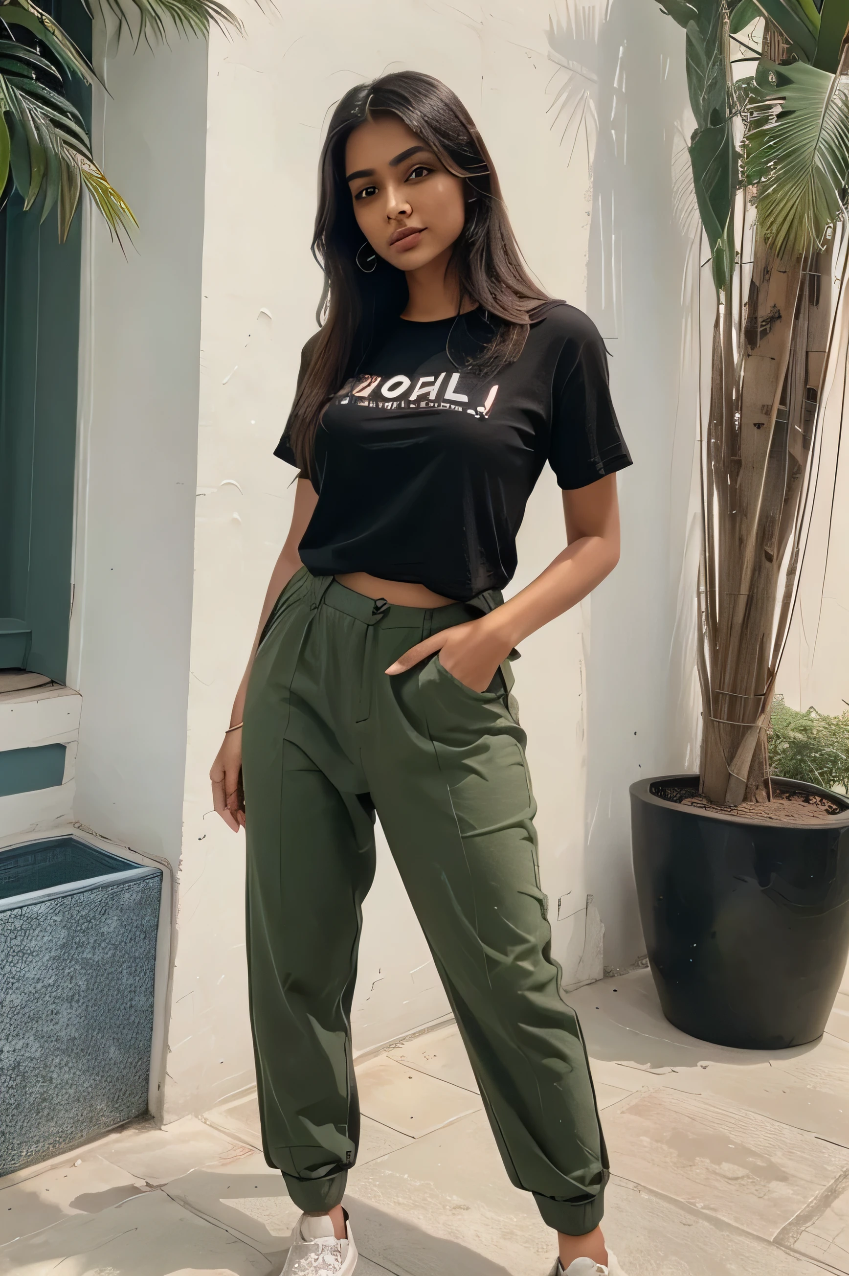 A 2  indian girl hot and good looking social media influencer wearnig a half t shirt and trouser 