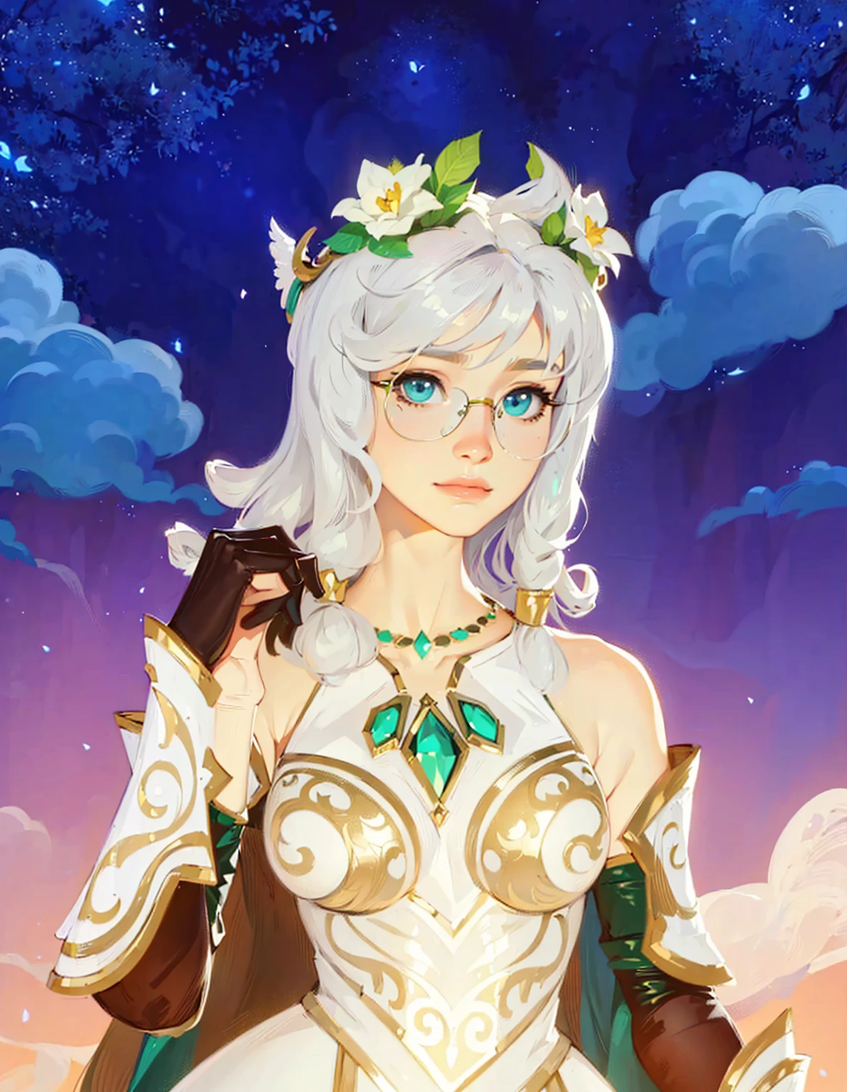 ((Best Quality, 8K, Masterpiece: 1.3)), best quality, ultra high res, texture, hyper realistic, masterpiece, detailed texture, detailed face, detailed skin, detailed lighting, (photorealistic:1.5), best quality, beautiful lighting, cinematic lighting, professional lighting, ultra highres, realistic, a woman in a white dress and a crown standing in the sky, portrait knights of zodiac girl, wearing one pair of glasses, the goddess artemis smirking, lady palutena, botw style, fey queen of the summer forest, beautiful celestial mage, portrait of a female mage, palutena, portrait of an elf queen, avatar image, official character art, genshin impact character