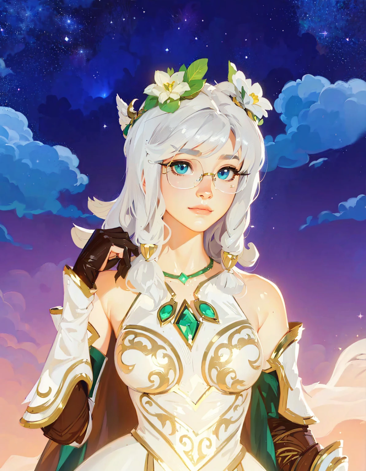 ((Best Quality, 8K, Masterpiece: 1.3)), best quality, ultra high res, texture, hyper realistic, masterpiece, detailed texture, detailed face, detailed skin, detailed lighting, (photorealistic:1.5), best quality, beautiful lighting, cinematic lighting, professional lighting, ultra highres, realistic, a woman in a white dress and a crown standing in the sky, portrait knights of zodiac girl, wearing one pair of glasses, the goddess artemis smirking, lady palutena, botw style, fey queen of the summer forest, beautiful celestial mage, portrait of a female mage, palutena, portrait of an elf queen, avatar image, official character art, genshin impact character