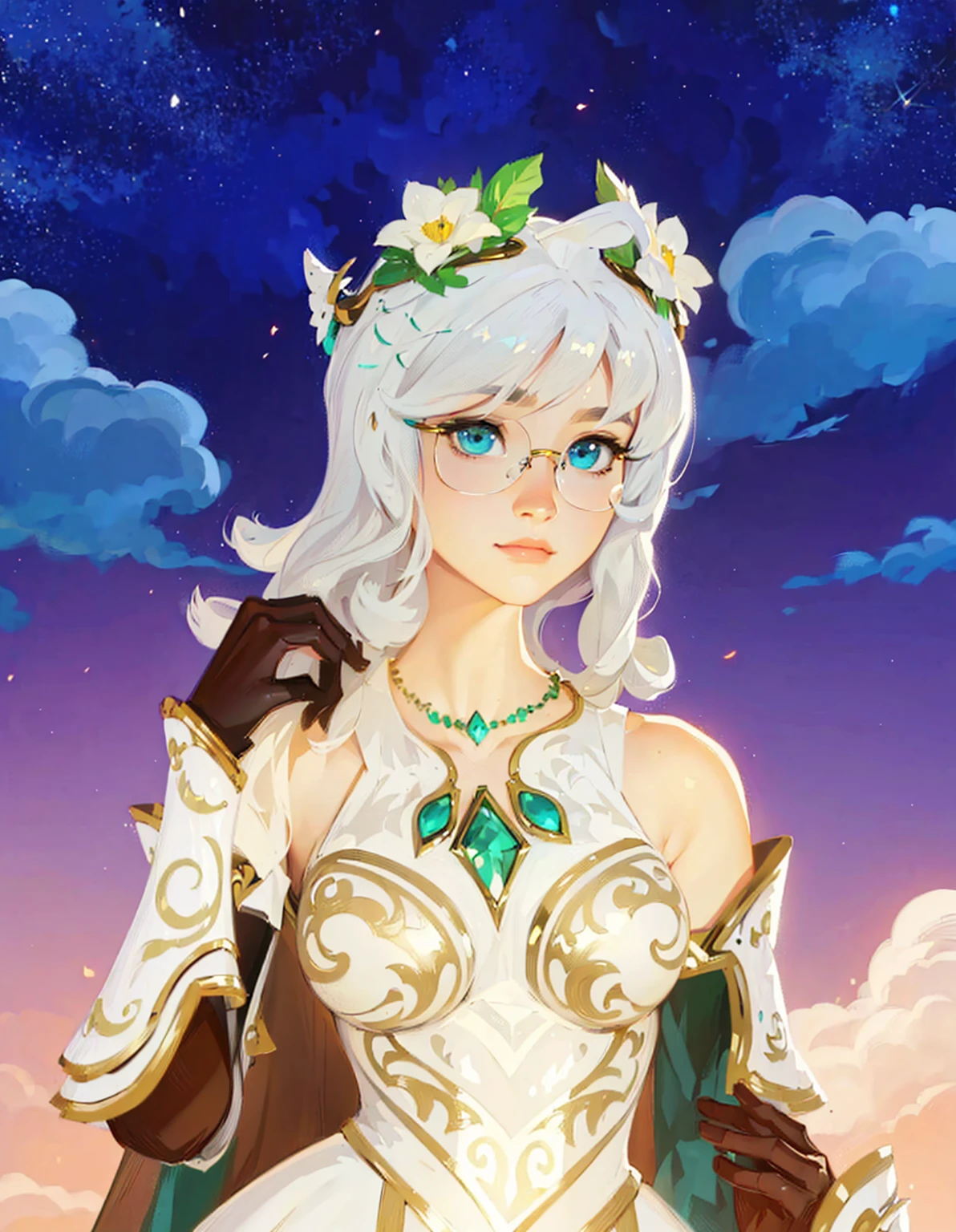 ((Best Quality, 8K, Masterpiece: 1.3)), best quality, ultra high res, texture, hyper realistic, masterpiece, detailed texture, detailed face, detailed skin, detailed lighting, (photorealistic:1.5), best quality, beautiful lighting, cinematic lighting, professional lighting, ultra highres, realistic, a woman in a white dress and a crown standing in the sky, portrait knights of zodiac girl, wearing one pair of glasses, the goddess artemis smirking, lady palutena, botw style, fey queen of the summer forest, beautiful celestial mage, portrait of a female mage, palutena, portrait of an elf queen, avatar image, official character art, genshin impact character