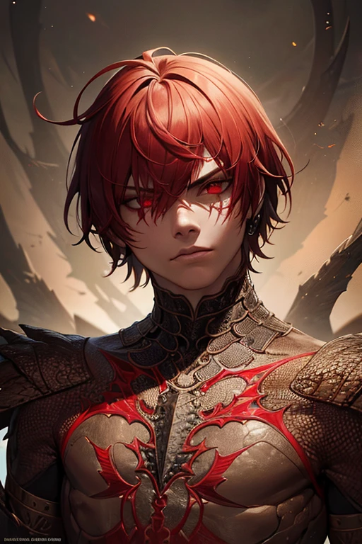 a fourteen years old male Human, portrait, reptilian scales skin, tattered clothes, red short hair, sand color cloack, serious face, red eyes, serrated teeth, cinematic lighting, award winning digital art, intricate details, fantasy, surreal, highly detailed, photorealistic, 8k, best quality