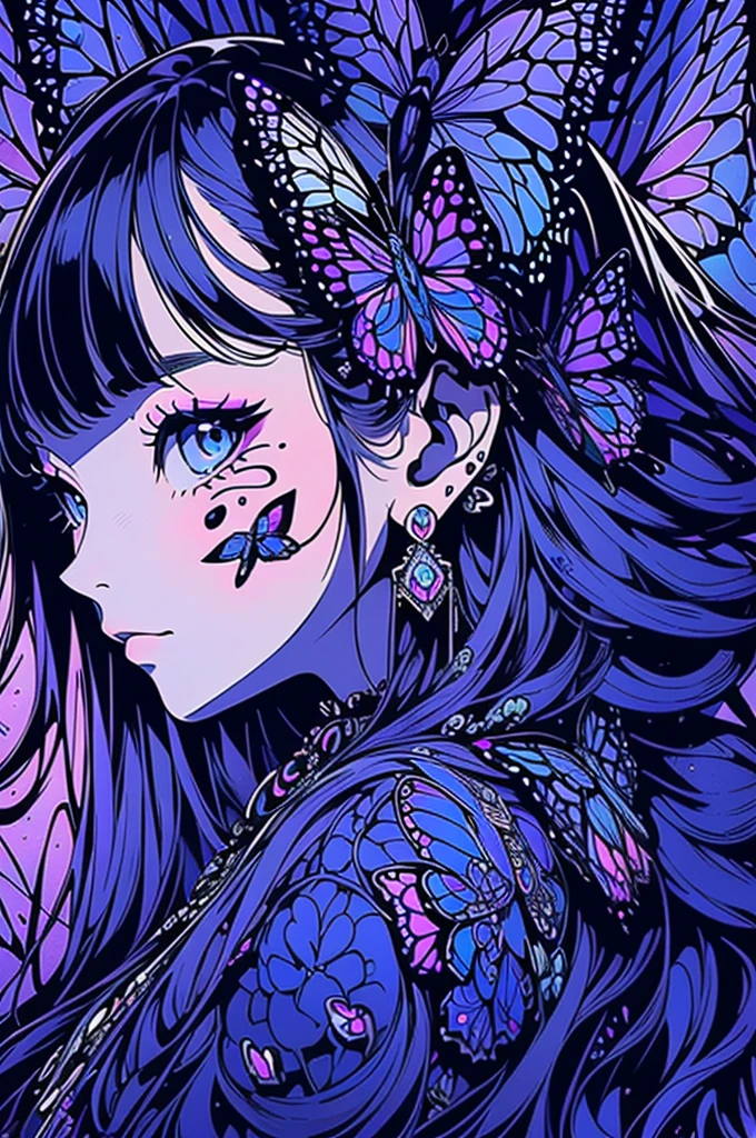 Butterfly motif、Blue Undertone、Vibrant colors、((masterpiece)))、(((top-quality)))、((ultra-detailliert))、(A hyper-realistic)、(highly detailed CGillustration)、Extremely detailed,(Fractal Art:1.1)、Geometry learned、abstract background、Official art、Luxembourg in the early 20th century、Decadent、Madame Papillon、Cool Beauty、Masquerade、sophisticated menegance、Gorgeous、Colorful and detailed mask design、matchless beauty、Fans、gorgeous dress、jewely、Female Solo、Perfect Angle、perfect-composition、foco nítido