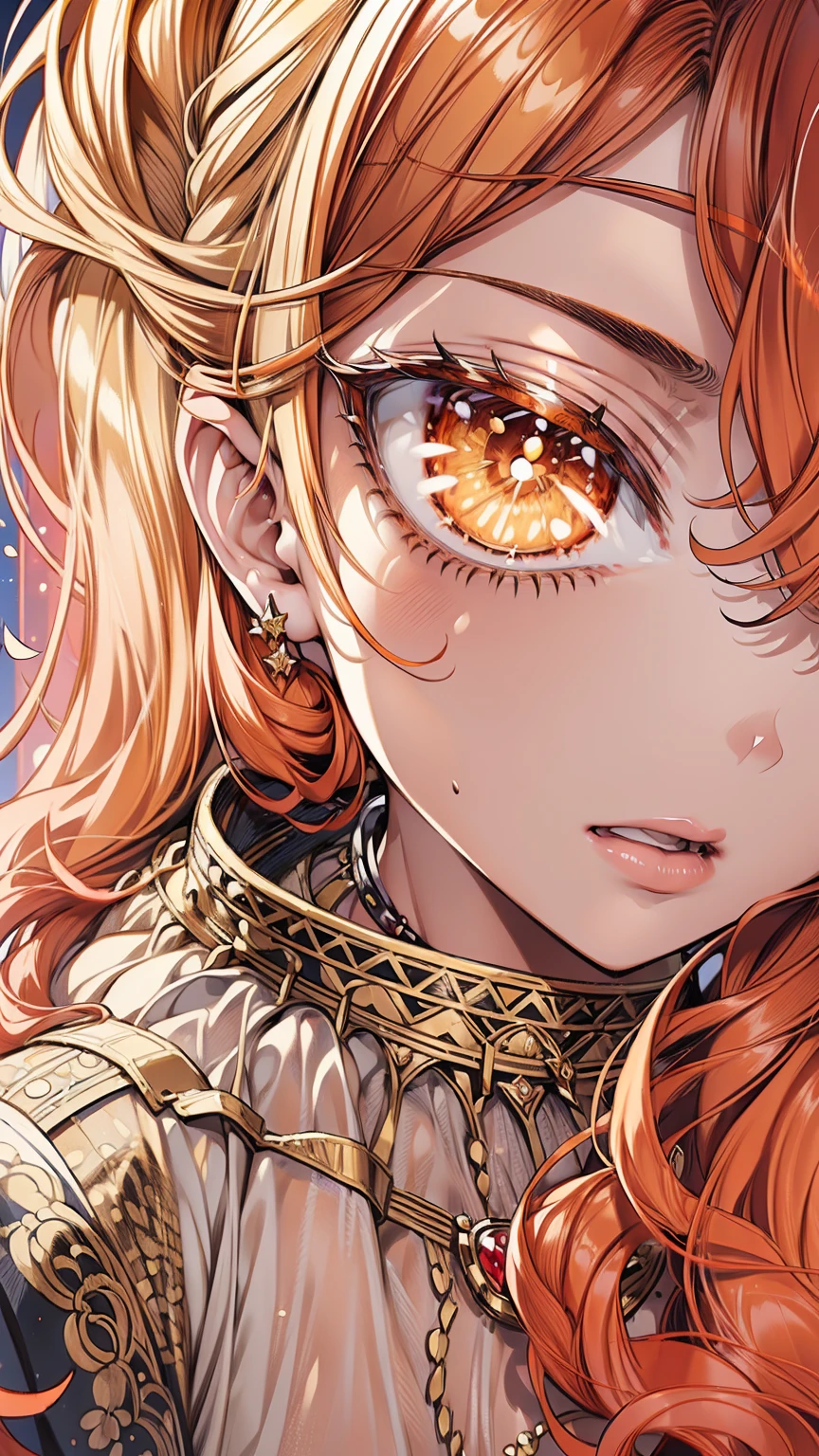 ((best quality)), ((masterpiece)), ((Romance Fantasy)), ((illustration)), (detailed), (clear), (Perfect), 1 woman, mature, upstage, A jealous look, long orange curly hair, tanned skin, frowning eyebrows, Vermilion eyes, abundant eyelashes, Twinkle-free, red lips, This is a gritted tooth, big bust, small waist, A voluminous dress with lace, Diamond necklace, clenched fist posture, A sideways glance