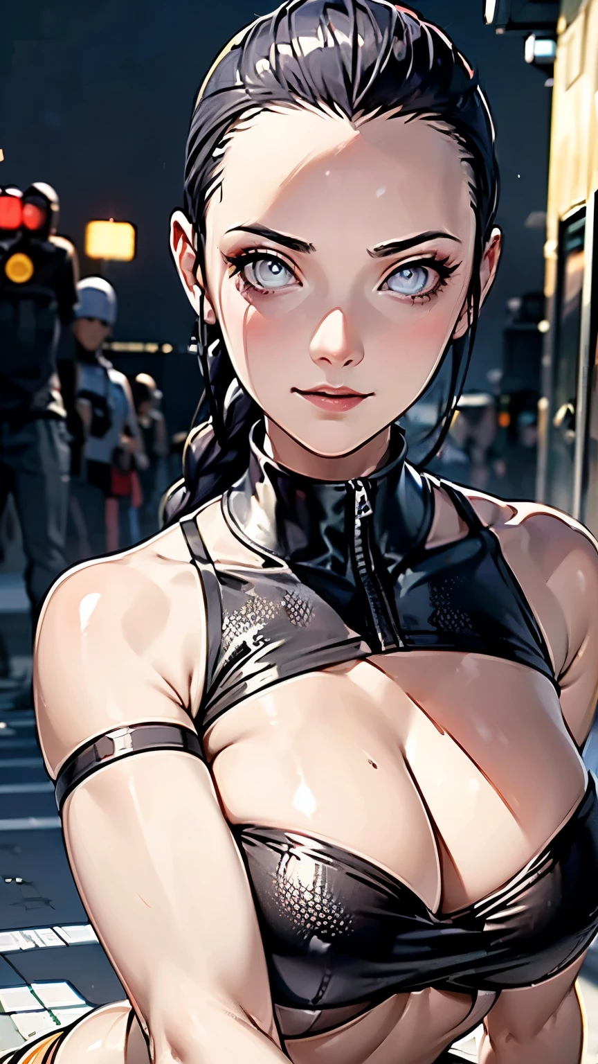 beautiful woman in a futuristic cyberpunk city, highly detailed face, realistic eyes, detailed hair, subsurface scattering, muscular athletic build, 1 girl, photo of a 20 year old woman, french braided hairstyle, shaved head, looking directly at viewer, cybernetic motorcycle, cyberpunk aircraft, futuristic spacecraft, technologically advanced clothing, neon lights, cinematic lighting, natural shadows, maximum detail, professional photography, depth of field, intricate complex background, aesthetic, best quality, 4k, 8k, highres, masterpiece
