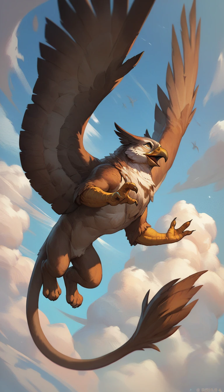 score_9, score_8_up, score_7_up, score_6_up, score_5_up, score_4_up, (solo), (alone), griffin, gryphon, griffon, mythical creature, fantasy creature, flying, sky, sky background, clouds, gwentstyle,