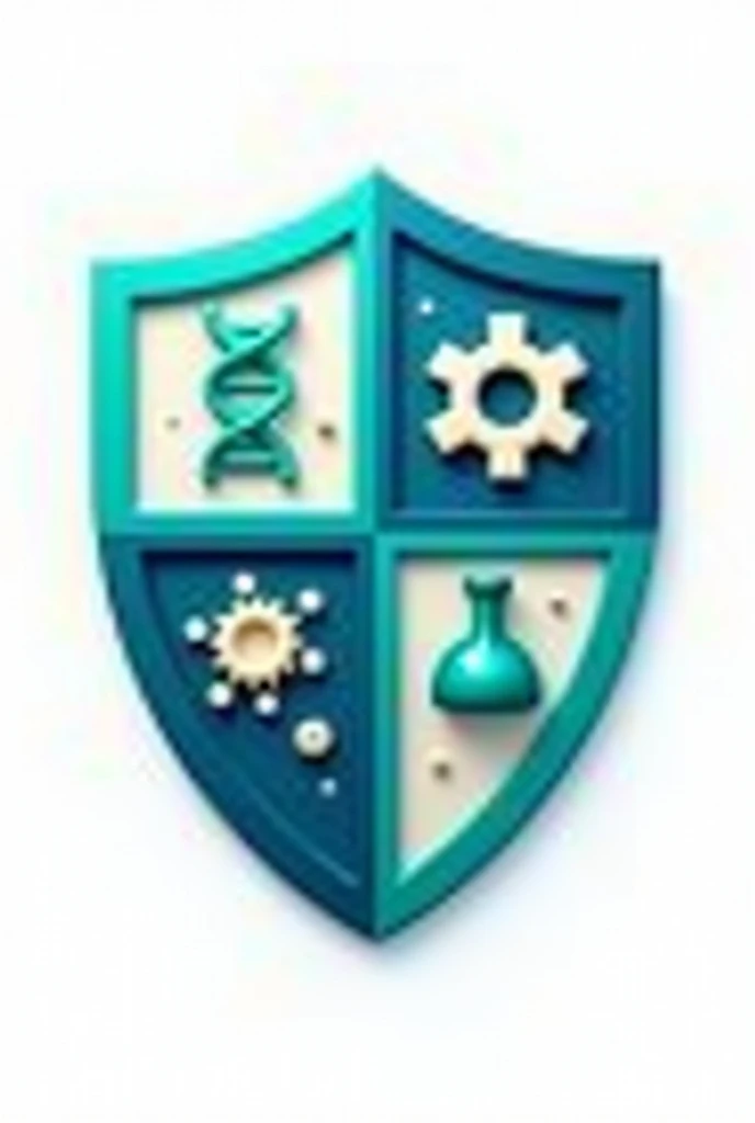 Science club logo, shield, with dna, gears, atom, and science experiment tube divided into four boxes with blue and green backgrounds, 3d logo, white background, clear logo and cute