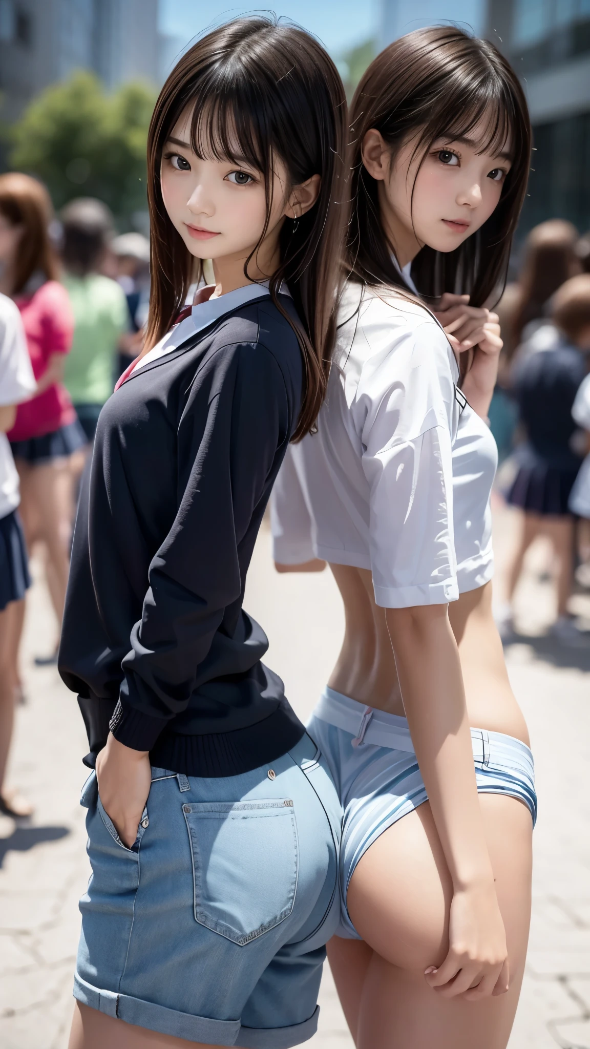 (((molestation:1.2, Elementary school boy touches her butt behind cute girl in crowded people:1.3))), Office lady suit、beautiful girl、Baby Face、Idol、Slender body line、Highest quality、Highest quality、Masterpiece、super high quality、Reality:1.37、(Detailed eyes and face:1.2、Professional photography techniques)、(The perfectly correct hand:1.1)、(Perfect Anatomy:1.3)、((Surprise pose))、(View the viewer、blush:1.2)、(Small beautiful butt:1.2)、(((完璧な8頭身のbeautiful girl二人)))