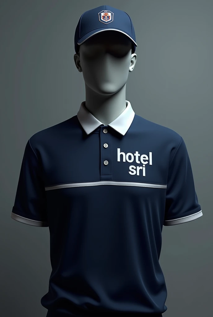 Create a realistic image of a navy blue polo shirt with a white stripe across the chest and a white collar. The shirt should be worn by a mannequin or a ghost-like figure. The back of the shirt should feature the text "HOTEL SRI" in white, centered, and slightly above the middle. Below this, add the text "hOTEL sRI" in a smaller font. The shirt should be well-fitting and have a buttoned placket. Add a matching navy blue cap with a white stripe and the university logo embroidered on the front. The cap should be worn slightly tilted to the side.