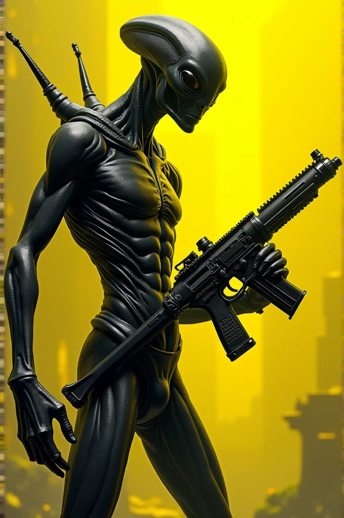 Create an ET with a paint gun in your hand, in black and yellow colors
