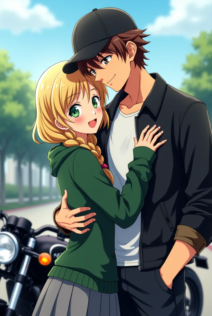 Anime dragon ball style blond side braded green eyes girl, green sweater, grey skirt huging a tall brown haired guy, black cap, white t-shirt, black leather jacket standind beside a black motorcycle