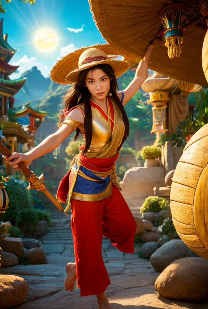 
Create a scene of Sun Go Kong, the main character in the novel Journey to the West (Legend of the Magic Monkey) posing with Preity Zinta