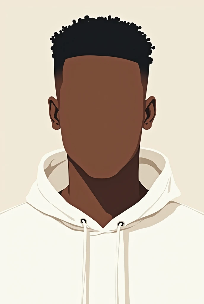 A vector art of a chocolate-toned black man, with no face, short black curly hair shaved on the side, com corte high fade, no risks, hoodie branco. Faceless and with skin color #A76131 No face and curly hair
