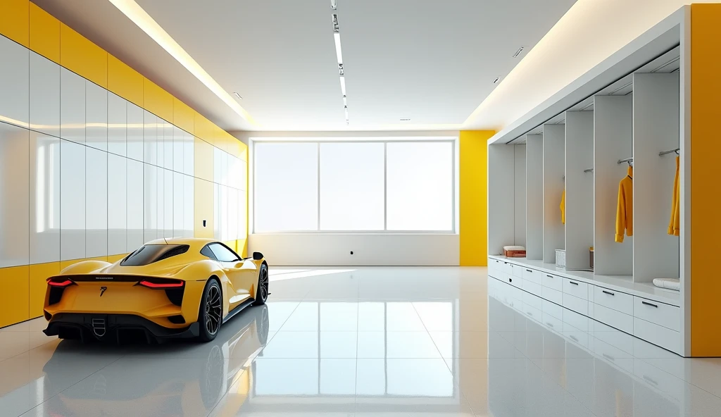 Changing room, sporty style, racer, No people , modern, The center point  is on the left. Yellow