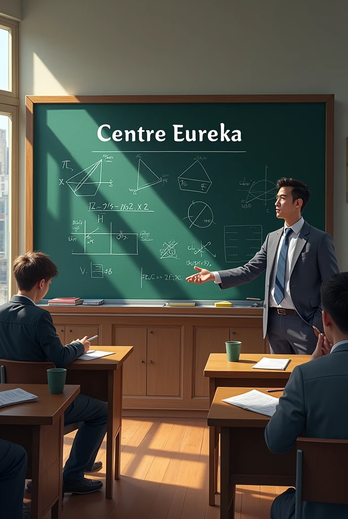 Un exercice de trigonométrie au tabeau et au dessus du tableau écrire "Centre eureka"