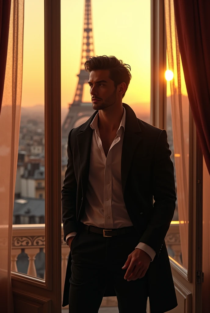 Sexy brunette man finally coming home to his apartment overlooking Paris in the middle of the afternoon