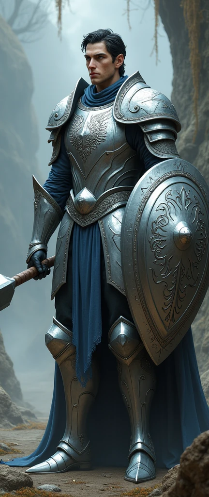 Tall Male elf, dark short hair ,pale skin ,dark blue eyes  no beard with silver heavy armor ,  spiked mace and great shield