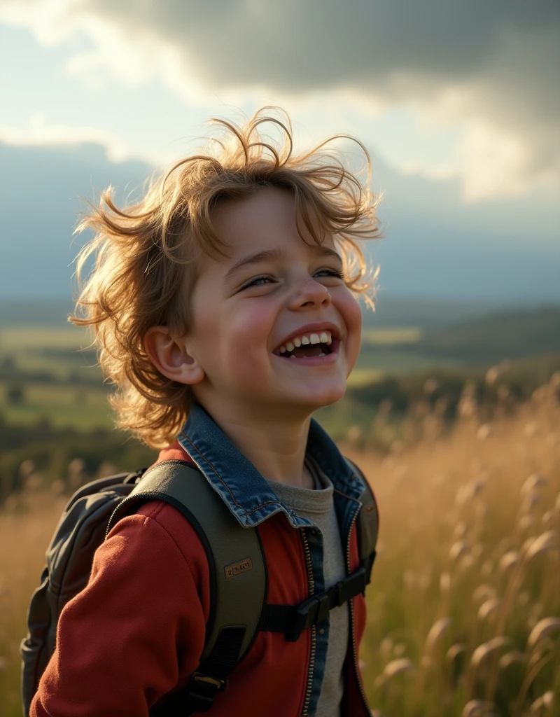 Create UHD photorealistic realistic photo, no animation, no 3D image, no Pixar style animation, no extra fingers. 30-month-old French-Celtic boy named Maël, hair tousled by the wind, laughing on a windy hilltop. Sony A1 with 35mm f/1.4 lens. Dramatic natural lighting with storm clouds in background. Lifestyle portrait style.
