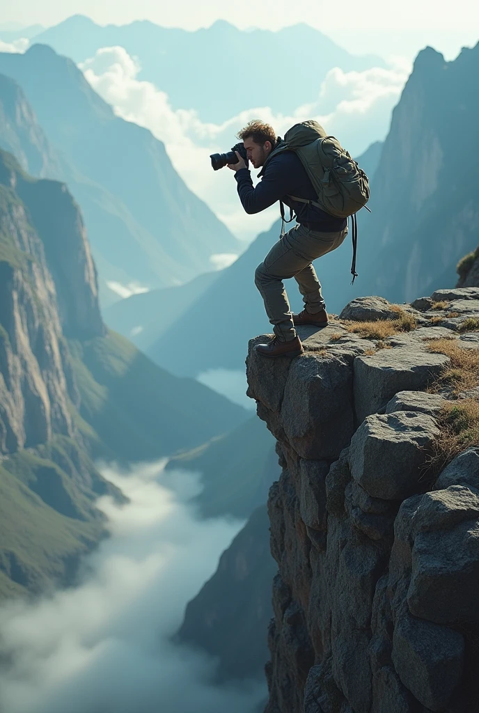 A photographer with a camera is hanging on the edge of a precipice and is about to fall