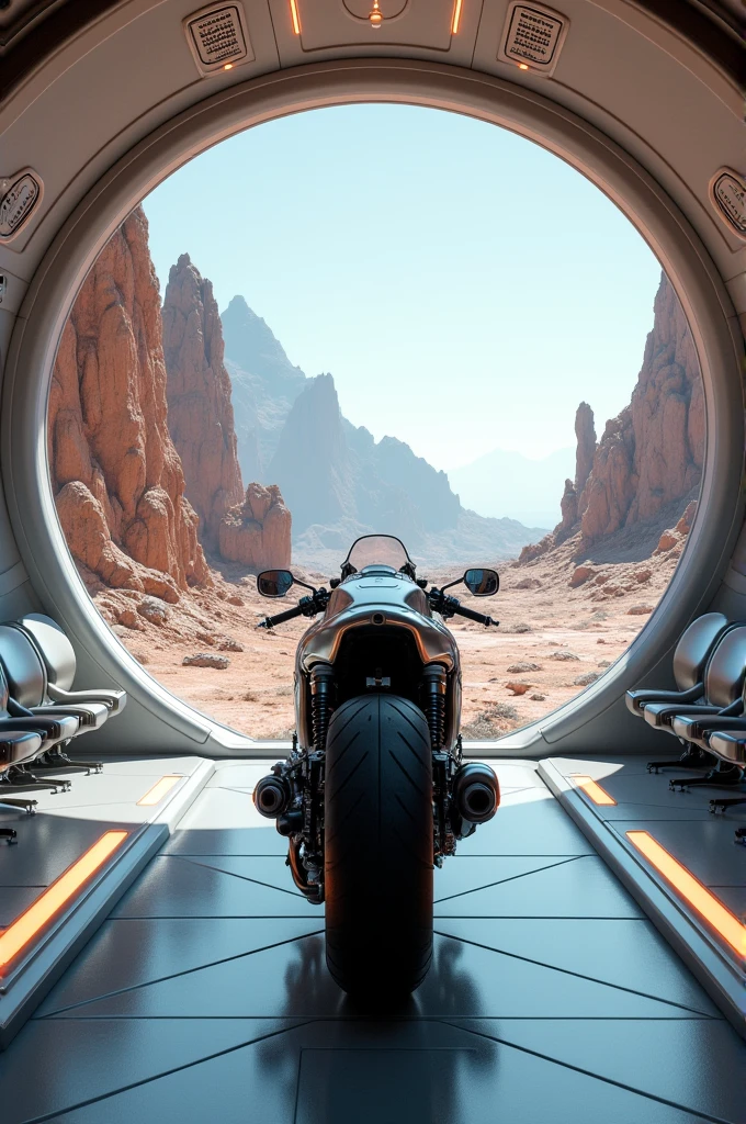 Aircraft cabin, motorcycle and rock