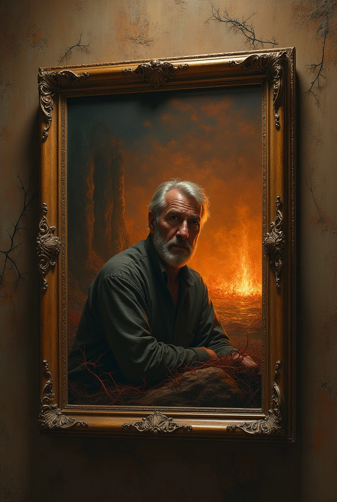 A man in a form of a painting outside thepicture frame
Inside is cold and cozy
Outside of the frame is hell full of thorns and fire