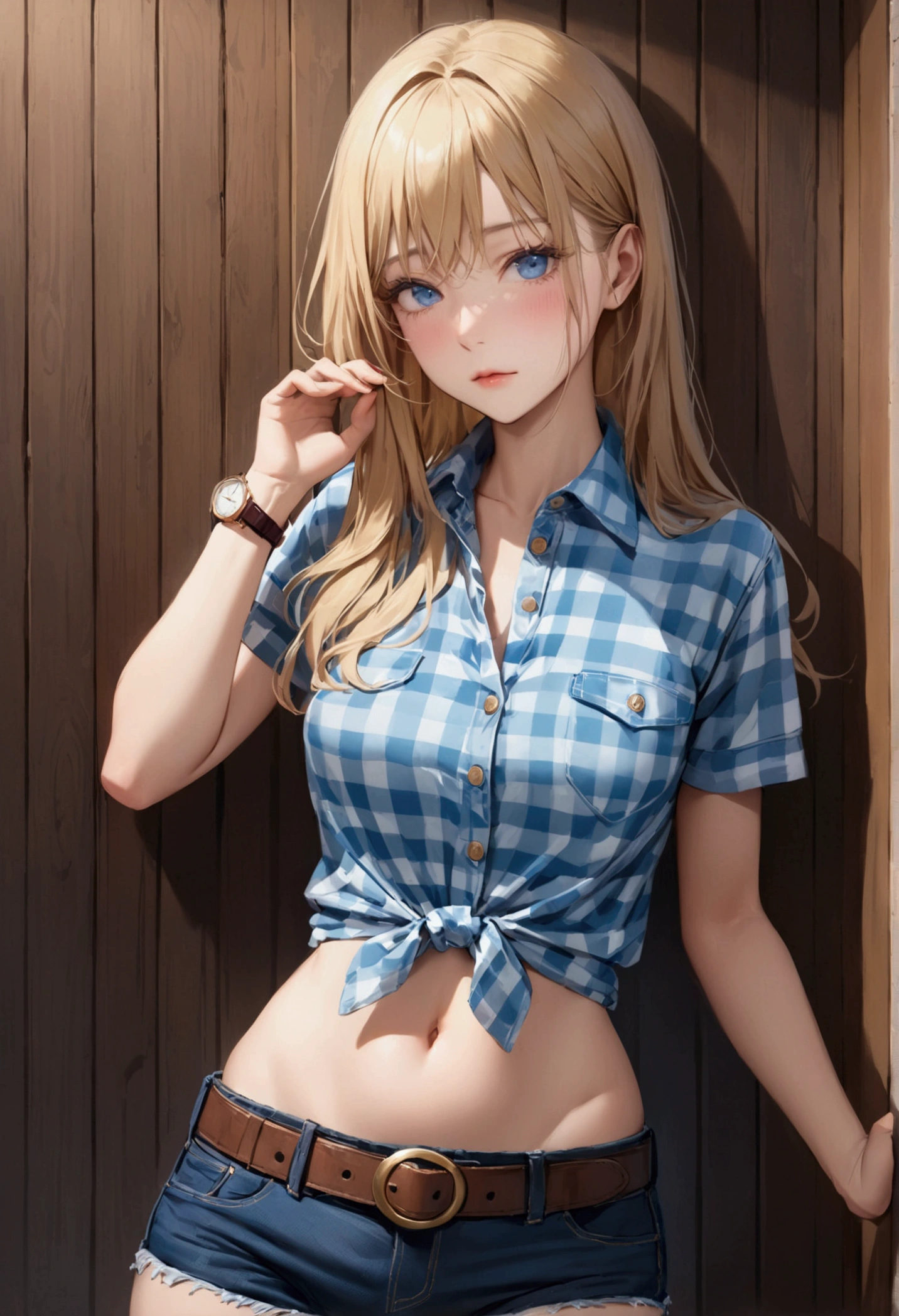 Woman with long blonde hair, blue eyes, An athletic body, Red checked tight-fitting short-sleeved collared shirt, watch, Navel exposed, Denim hot pants, Brown belt with oval buckle, Stand up straight, Drunk,In front of a wooden wall,Front view,Cowboy Shot,16K, Highest quality, masterpiece, Realistic, detailed