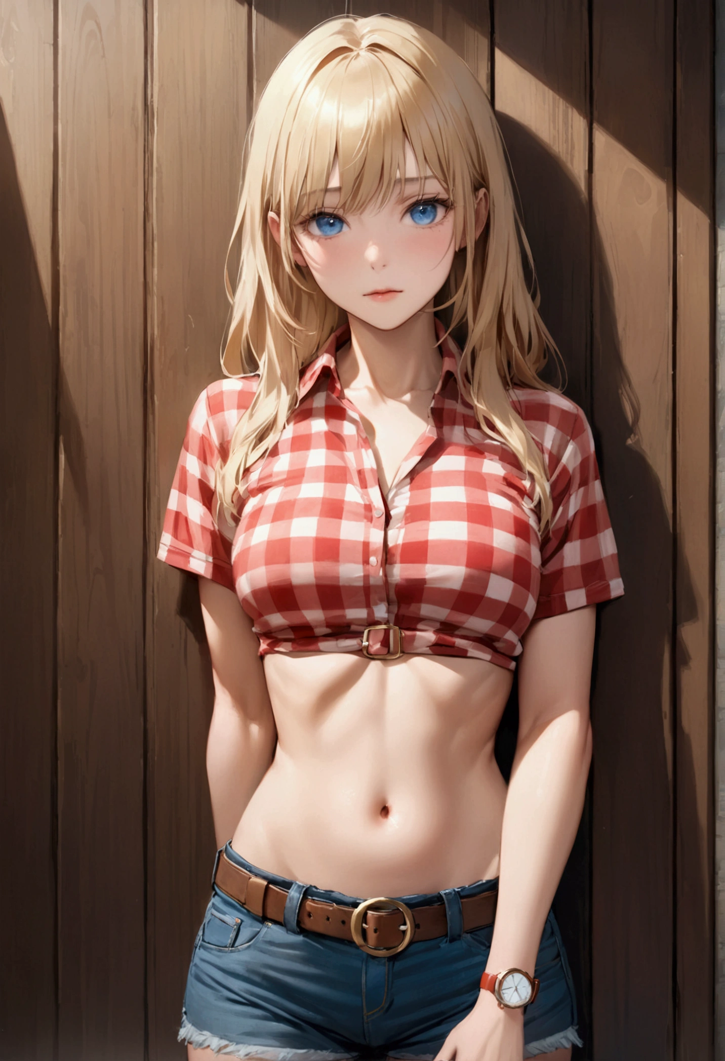 Woman with long blonde hair, blue eyes, An athletic body, Red checked tight-fitting short-sleeved collared shirt, watch, Navel exposed, Denim hot pants, Brown belt with oval buckle, Stand up straight, Drunk,In front of a wooden wall,Front view,Cowboy Shot,16K, Highest quality, masterpiece, Realistic, detailed