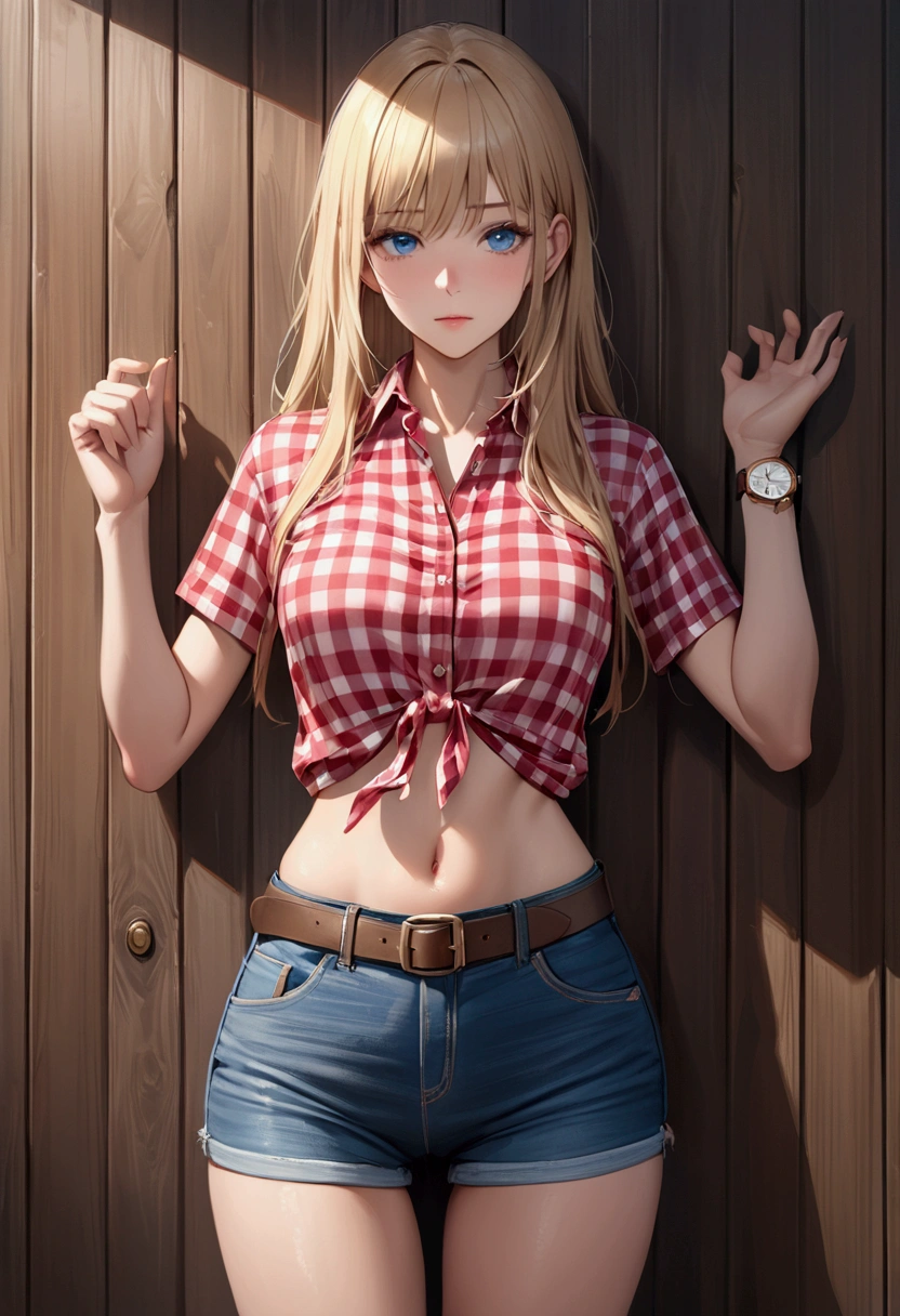 Woman with long blonde hair, blue eyes, An athletic body, Red checked tight-fitting short-sleeved collared shirt, watch, Navel exposed, Denim hot pants, Brown belt with oval buckle, Stand up straight, Drunk,In front of a wooden wall,Front view,Cowboy Shot,16K, Highest quality, masterpiece, Realistic, detailed