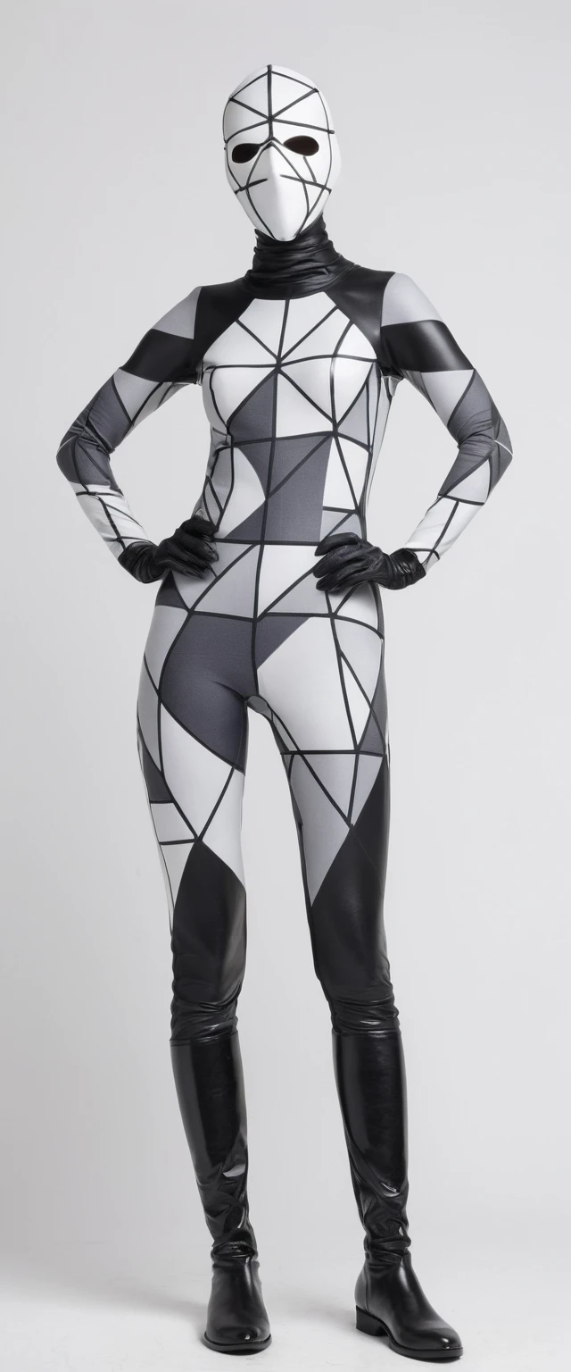 Full-length portrait of a woman wearing a ZENTAI bodysuit of faceless neoprene fabric with black, gray and white large geometric triangle patterns, white plastic mask, long black leather gloves and long black rubber boots, standing against a white background,