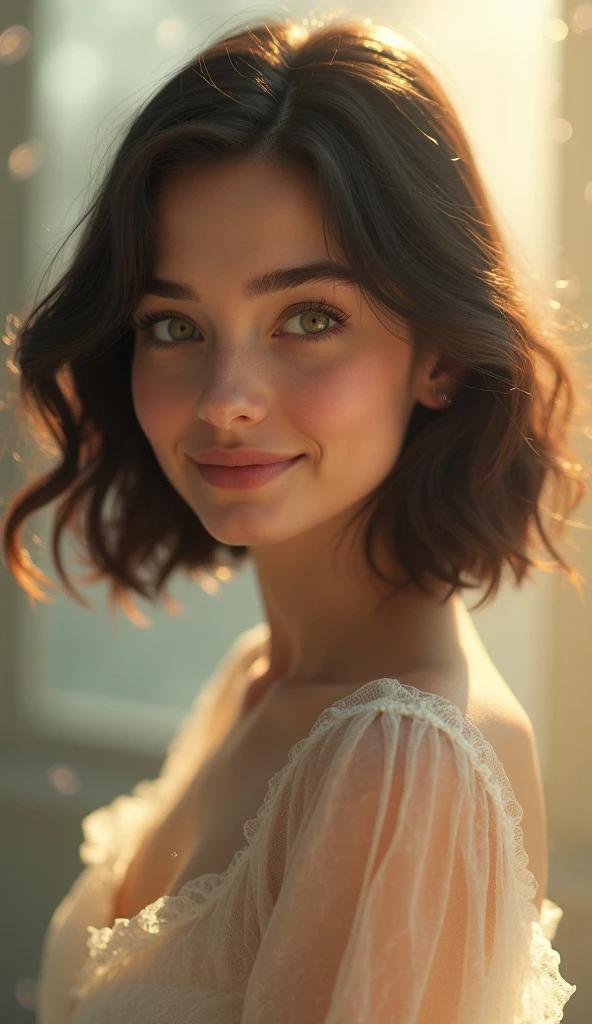soft lighting, dreamlike ambiance, adorable smile, sparkling eyes, rosy cheeks, look into camera, (Solo 26yr old girl, little chubby, 162 cm height, weight 60 kg, dark chestnut hair, elongated square haircut, chest 84 cm, waist 66 cm, hips 95 cm, ribcage 76 cm, 75AA size breasts, Ukrainian ethnic,body shape is a pear, slightly chubby face, round face form, beautiful light green colored eyes):1.5, Отблеск от линзы, Шедевр, Реалистичная анатомия, (35mm, ISO50, f/0.8L lens),(full length view):2