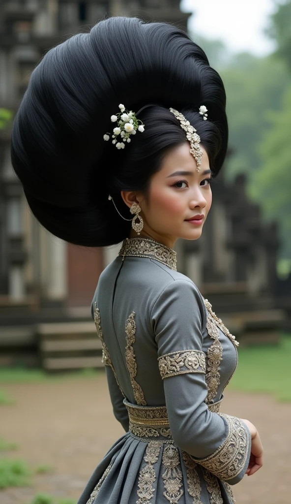 Masterpiece, Best Quality, High Resolution, High Details, Super Detailed, High Quality, Textured Skin, UHD, full body of java wedding woman in grey long kebaya dress traditional and batik skirt, looking at viewer, jewelry on hair, tiny strain white jasmine hair ornaments, ,((full body shot)),from head to toe,with a very big hair bun, the size of her bun is 8 times the size of her head,very big very big hair bun traditional Javanese hair bun,circle bun,shiny black hair,,laugh, ((looking back over shoulder ))Ultra-Wide Angle,on Javanese temple