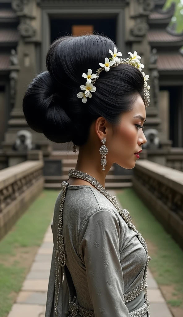 Masterpiece, Best Quality, High Resolution, High Details, Super Detailed, High Quality, Textured Skin, UHD, full body of java wedding woman in grey long kebaya dress traditional and batik skirt, looking at viewer, jewelry on hair, tiny strain white jasmine hair ornaments, ,((full body shot)),from head to toe,with a very big hair bun, the size of her bun is 8 times the size of her head,very big very big hair bun traditional Javanese hair bun,circle bun,shiny black hair,,laugh, ((looking back over shoulder ))Ultra-Wide Angle,on Javanese temple