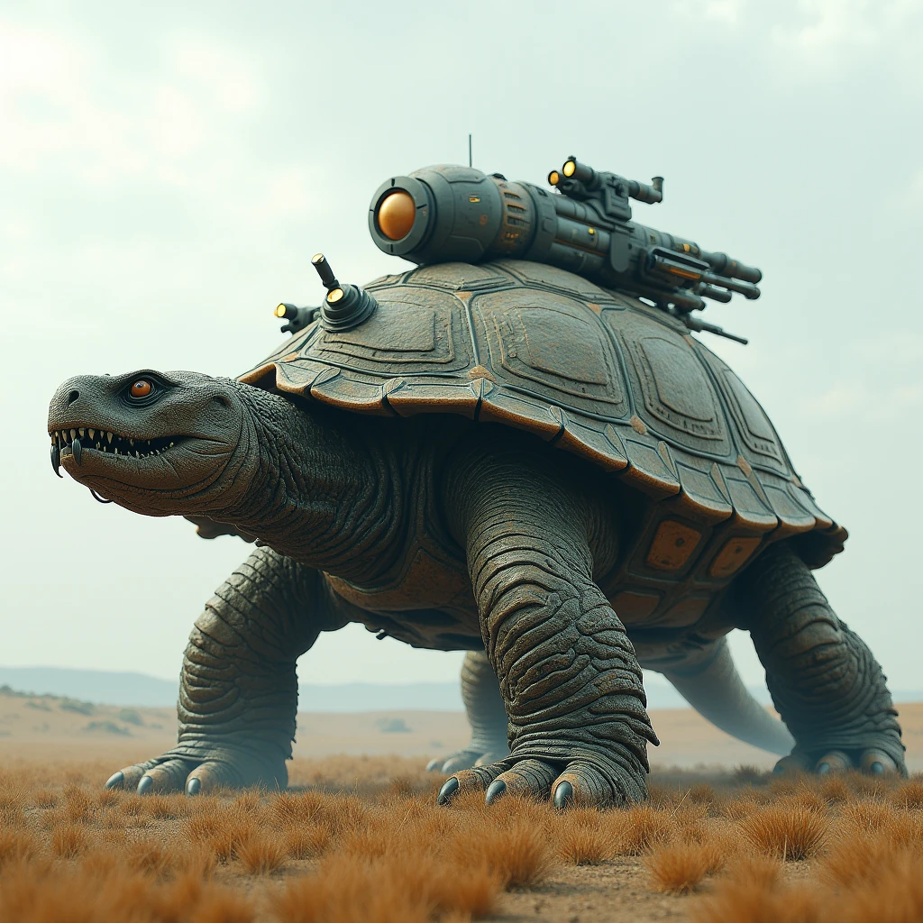 Giant dragon-like turtle,  3D Rendering, Ultra-fine detail, high quality, High resolution, 最high quality,Large photochemical barrier,A spherical barrier that covers the entire body of the turtle,AT Field,Electromagnetic Barrier,Geometric Shield,A giant military weapon built on a turtle shell,Huge electromagnetic cannon,Lots of anti-aircraft guns and secondary guns，Artillery fire,All at once