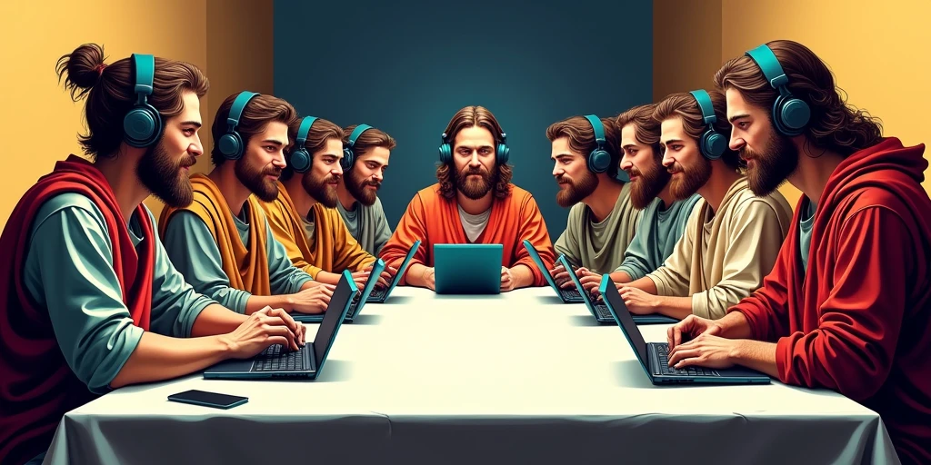 Create a comic art using the example of the Christian Last Supper with the 12 apostles using headphones and tabletsCreate a comic art using the example of the Christian Last Supper with the 12 apostles using headphones and tablets