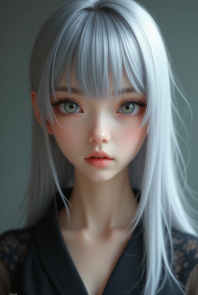 RAW photo, best quality, masterpiece, photorealistic, 18 years old, Beautiful Japanese-Italian mix,  solo, detail face, detail eyes, detailed skin, light gray eyes, light gray hair, short straight bob cut, Symmetrical eyes, looking at viewer, 
