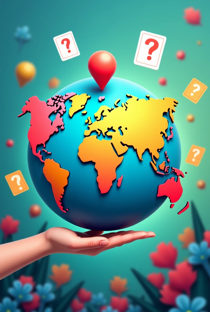 Create a vibrant and engaging image for a quiz video about geography. The image should feature a world map prominently, with colorful pins or markers highlighting different countries and continents. Include a globe in the background to emphasize the global aspect. To symbolize the quiz, incorporate a large question mark or quiz-style icons like checkmarks and question cards around the map and globe. Use bold, eye-catching colors like blue, green, yellow, and red to make the image lively and attractive. The overall design should be fun and inviting, encouraging viewers to engage with the quiz.