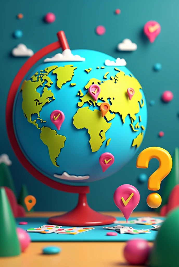 Create a vibrant and engaging image for a quiz video about geography. The image should feature a world map prominently, with colorful pins or markers highlighting different countries and continents. Include a globe in the background to emphasize the global aspect. To symbolize the quiz, incorporate a large question mark or quiz-style icons like checkmarks and question cards around the map and globe. Use bold, eye-catching colors like blue, green, yellow, and red to make the image lively and attractive. The overall design should be fun and inviting, encouraging viewers to engage with the quiz.