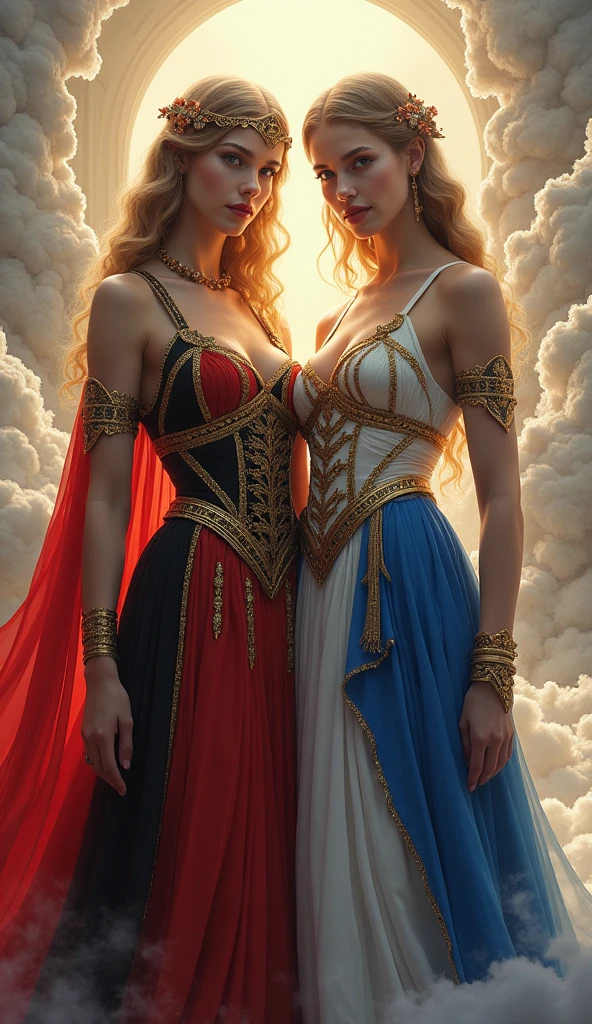 Beautiful Goddess Sisters, whole body, A German goddess wearing a costume with a swastika motif, Italian goddess dressed in a costume based on the Italian flag
