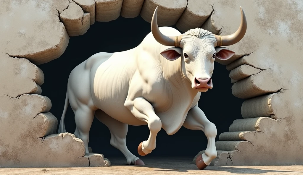 now make a white ox in a sideways arrangement where it looks like it is coming out of the wall, I want the realistic image