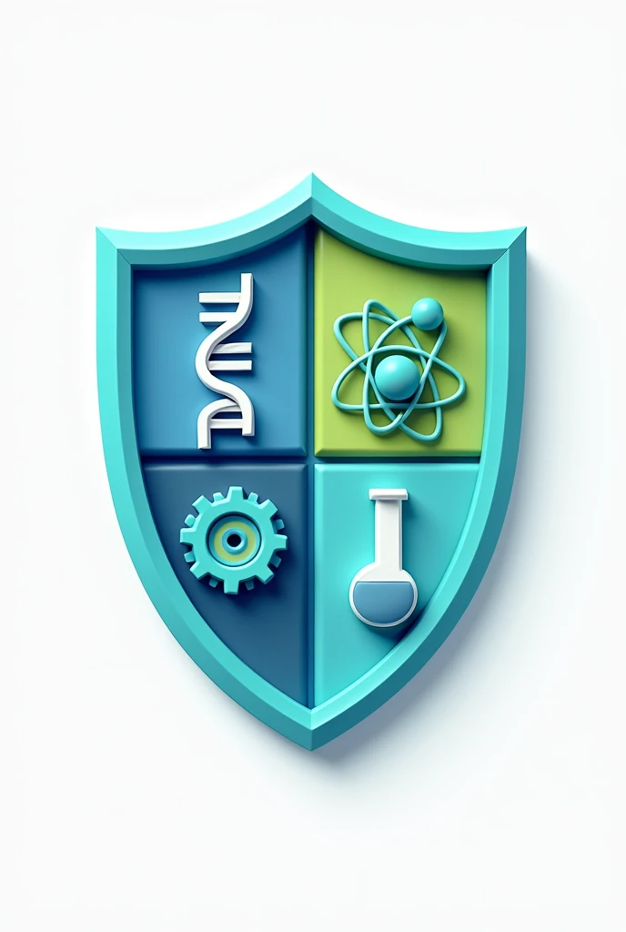 Science club logo, shield, with dna, gears, atom, and science experiment tube divided into four boxes with blue and green backgrounds, 3d logo, white background, clear logo and cute