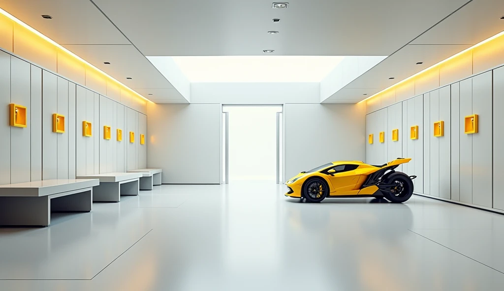 Changing room, sporty style, racer, No people , modern, The center point is on the left. Yellow