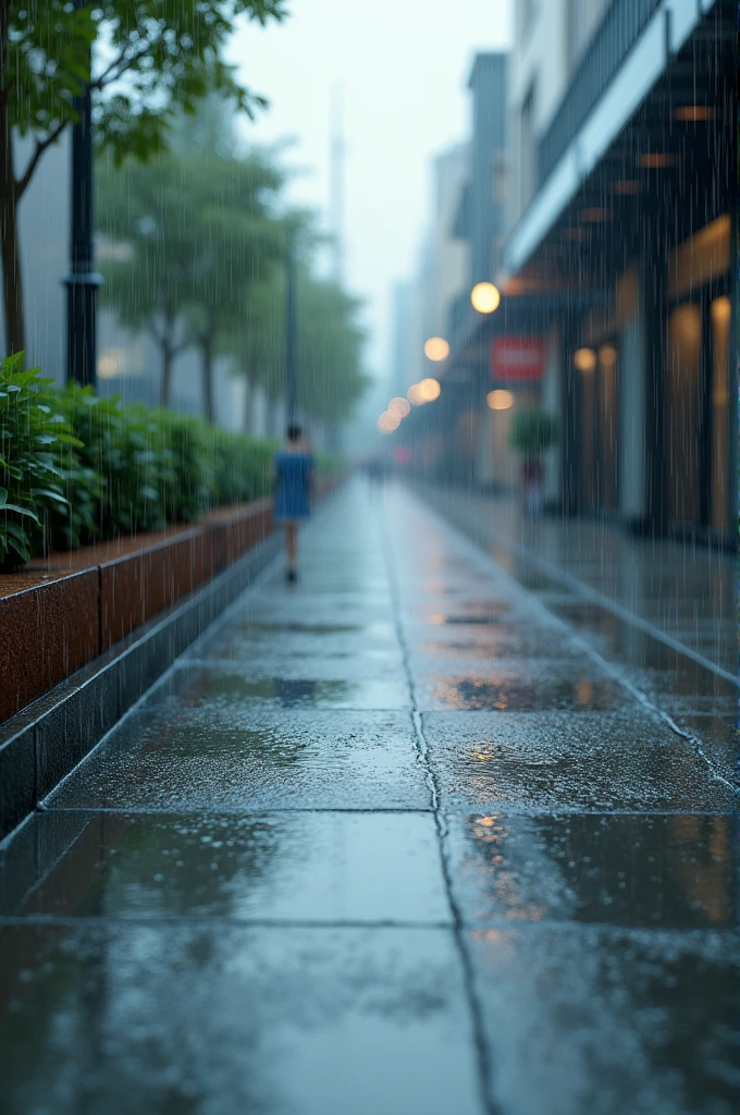 Rain falling from the sky and the drops falling on the sidewalk