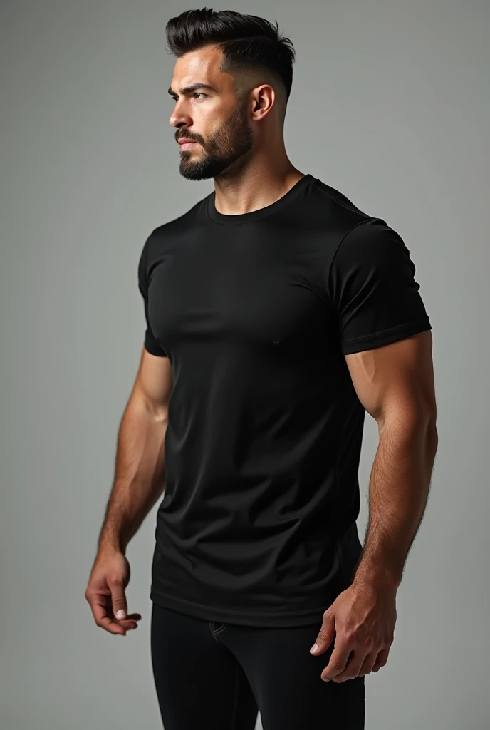 a man standing in a black t-shirt