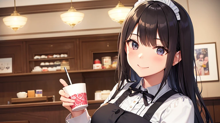 In the maid café、Please draw an illustration of a smiling woman in a maid uniform serving tea to a customer.。The woman has a gentle expression、I enjoy talking to customers。In the background、The interior of the store is depicted with counters and decorations.。