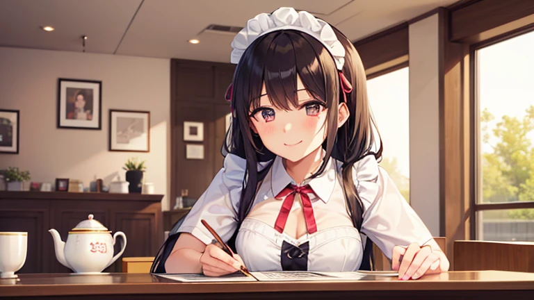 In the maid café、Please draw an illustration of a smiling woman in a maid uniform serving tea to a customer.。The woman has a gentle expression、I enjoy talking to customers。In the background、The interior of the store is depicted with counters and decorations.。