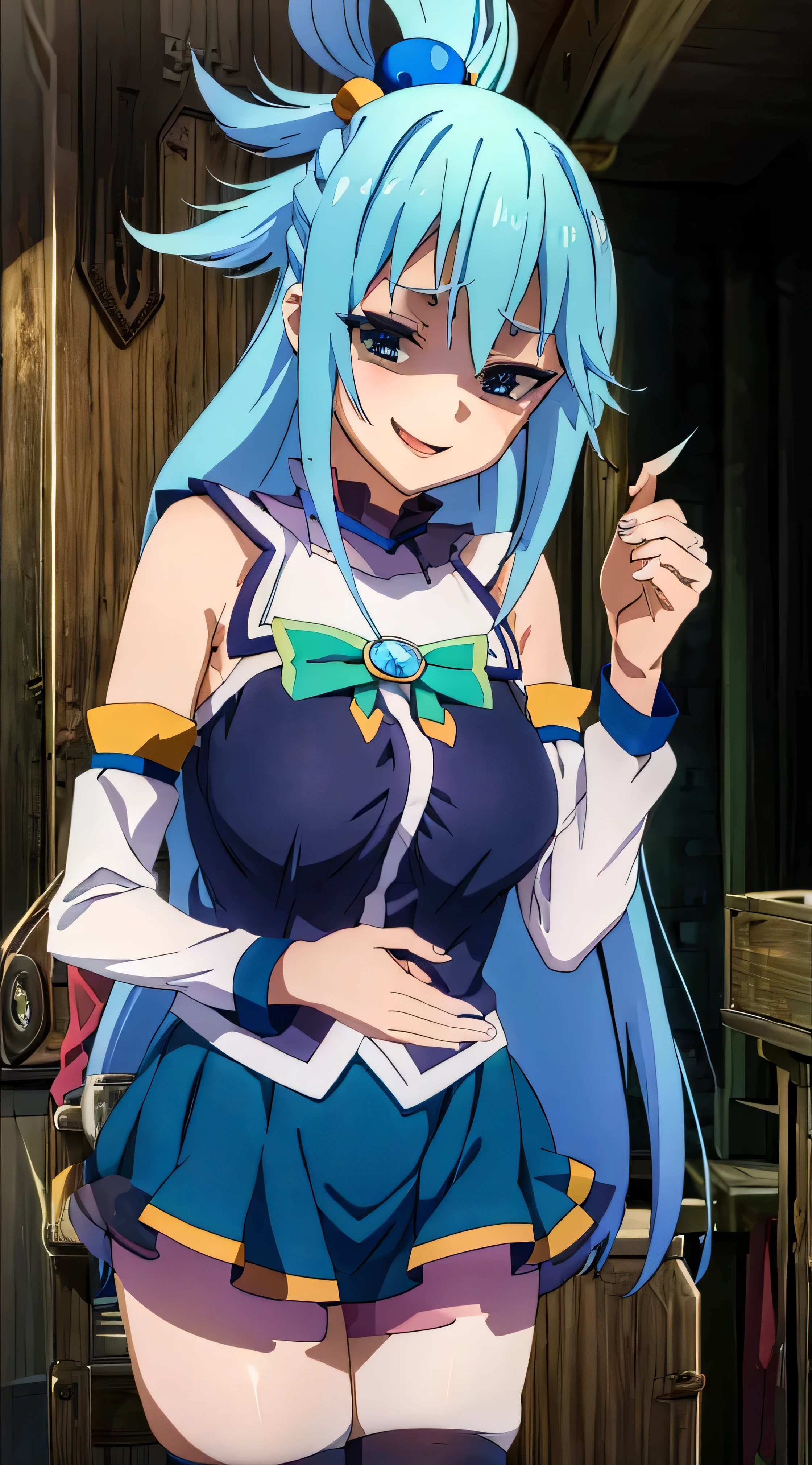 (masterpiece, best quality:1.2), expressive eyes, perfect face, highres, 1girl, solo, aaaqua, long hair, blue hair, hair rings, hair ornament, choker, bare shoulders, green bow, blue shirt, detached sleeves, blue skirt, thighhighs, happy smiling, standing, upper body, portrait, looking at the viewer,curvy,,oily skin,shiny skin,most evil huge laugh,lipstick,sadistic smile,deep shaded face(eyes in shadow),singlebraid,smile worst,worst ridecule,most evil moukery,,onebraid,,two hands,five fingers,dark aura background,A face full of evil,most evil ridicule,,horor, Violence, , The Empowerment of Evil, monster,naughty face,seductive smile,evil smirk,ojou-sama pose,oily skin,shiny skin,