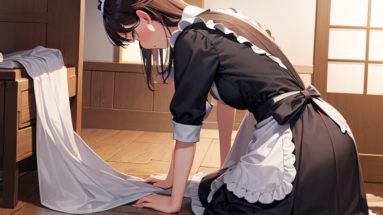 score_9, score_8_up, score_7_up, rating_explicit BREAK realistic anime art style,1 girl, Fair-skinned, dark brown hair, twin tails, (blindfold, sexy maid, mini skirt:1.2), (face down, crawl on all fours, face focus:1.4), (1 old man, sex from behind:1.2), (open mouth:1.6), (orgasm face, closed eyes, sweat, steam, drooling, pussy juice:1.3), (motion blur:1.3) , (shibari, bound breast, arms behind back:1.2), old western house
