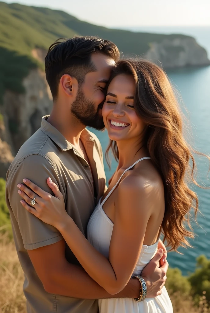 beautiful couple brown hair in love in the city of arraial do cabo Brazil 18k realistic outdoors romantic photo shoot 
