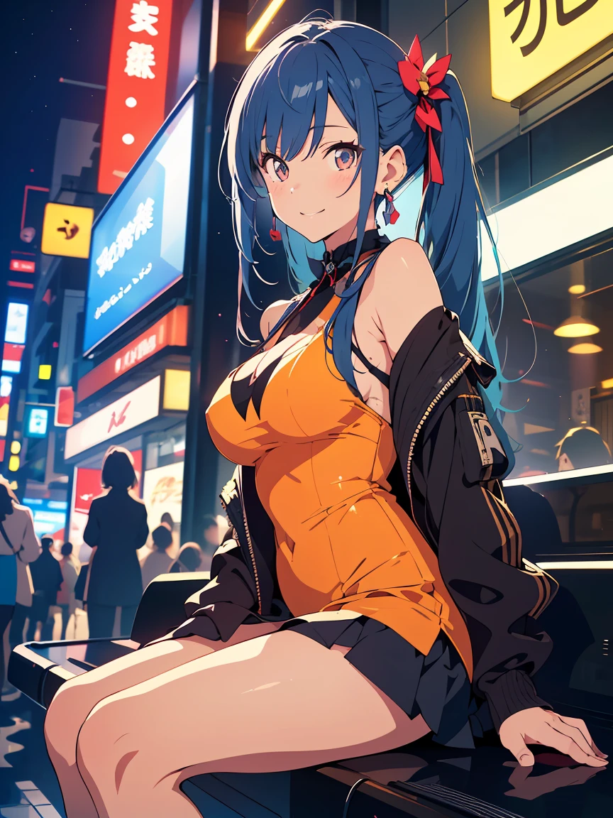(masutepiece, Best Quality;1.3), Extremely detailed ,ultra-detailliert, 1girl in,Solo, Twin tail, large full breasts, Evil smile, Gundam(RX78), Science fiction, mechs, , Blue hair, Solo, Hair Ornament, Long hair, Twin tail, Gold eyes, Jewelry, earrings, Looking at Viewer,Background of Shinjuku City,Night, Many neon signs, Lunar base, detailed dress, Micro Mini Skirt, From below, Sitting,, bustshot,