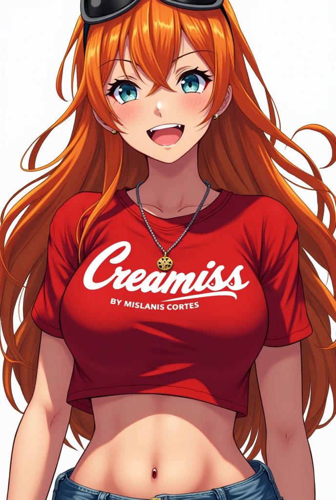 I want an image of Namy from one peace with a red short-sleeved crop top that has the creamiss by mislanis cortes logo 