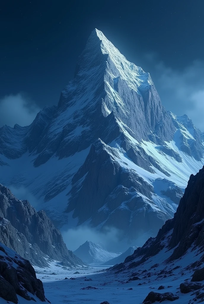 a close up view in a mountain at night reflecting a slight blue color